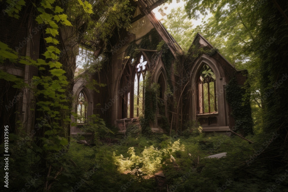 abandoned church, with broken windows and peeling paint, surrounded by overgrown foliage, created with generative ai abandoned church, with broken windows and peeling paint, surrounded by overgrown foliage, created with generative ai