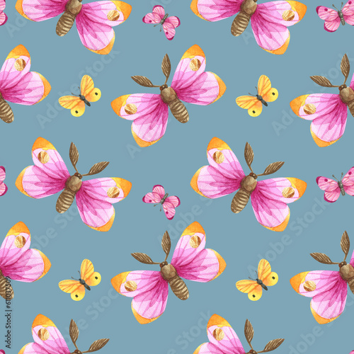 Watercolor set pattern of butterfly isolated on grey background. Handpaiting watercolor illustration on white background.