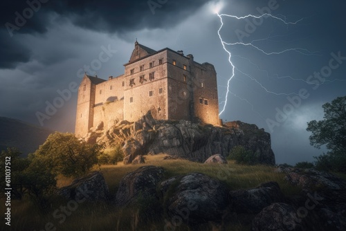 old castle, surrounded by mist and stormy sky, with lightning bolts striking, created with generative ai