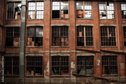 abandoned factory with broken windows and rusted metal, dating back to the turn of the century, created with generative ai © altitudevisual