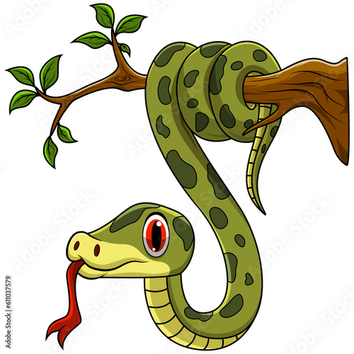 Green snake cartoon on tree branch