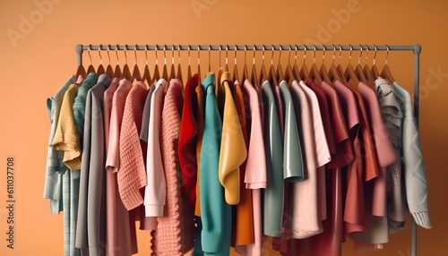 AI Generated. AI Generative. Vintage color vibrant cloth rack with clothing on. Sale marketing promotion store. Graphic Art