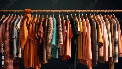 AI Generated. AI Generative. Vintage color vibrant cloth rack with clothing on. Sale marketing promotion store. Graphic Art