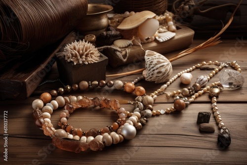 accessories and jewelry in natural tones, with wooden beads and shells, created with generative ai