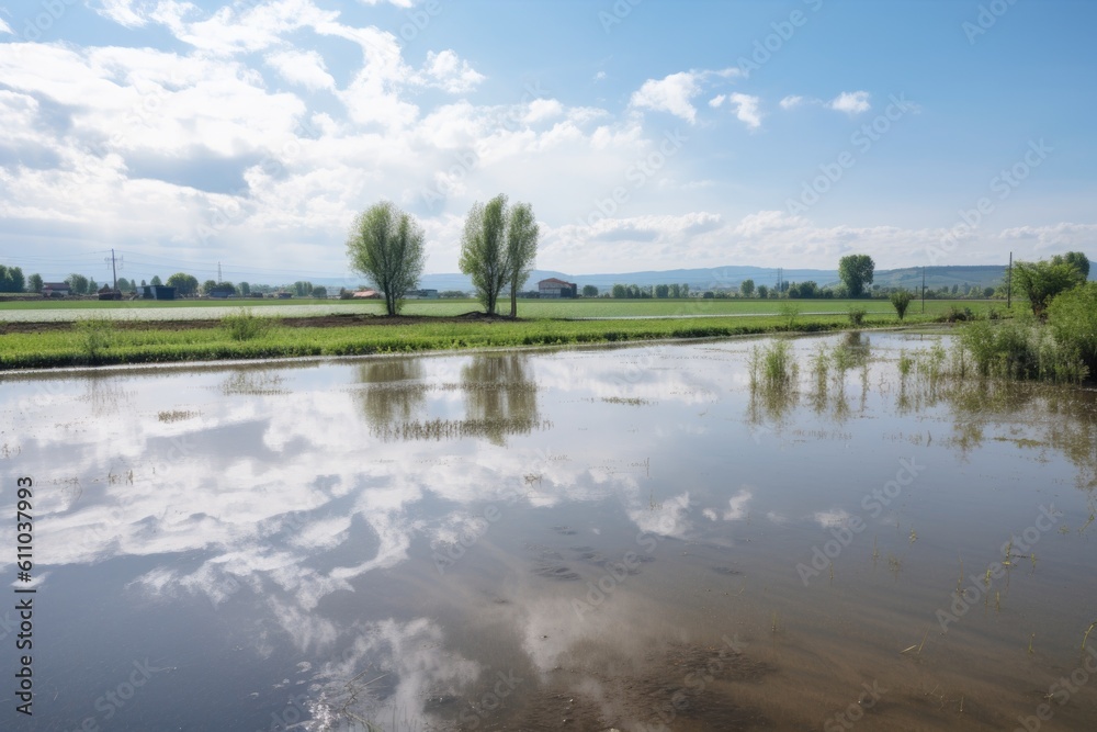 a serene lake surrounded by farmland, with runoff from crops polluting the water, created with generative ai