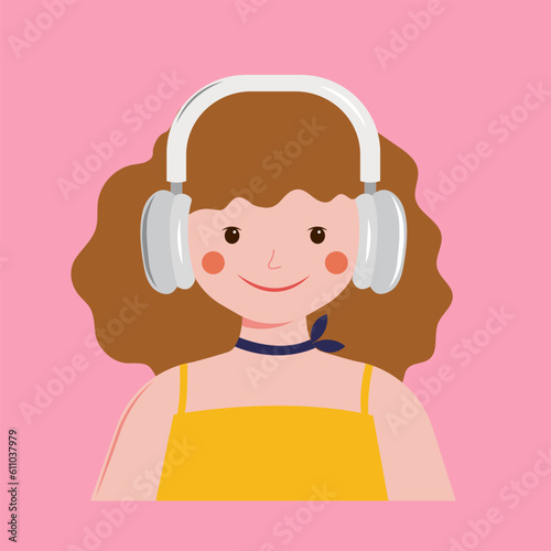 A listening to music isolated on pink background