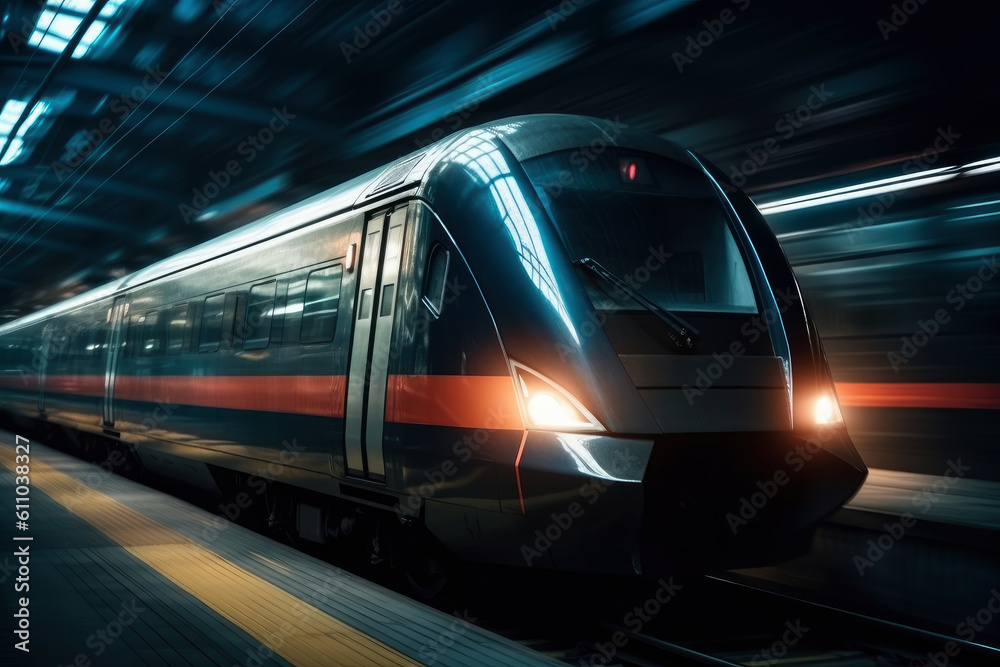 Naklejka premium High-speed train in movement with motion blur, AI Generated