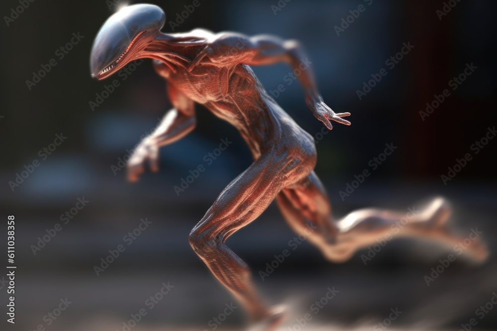 close-up of alien athlete jumping, with blurred background and motion blur, created with generative ai