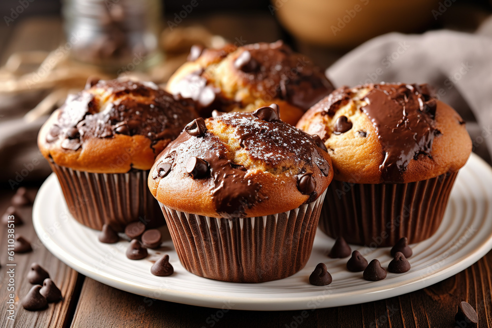 Plate with delicious black chocolate muffins on light wooden background top view --ar 3:2 Plate with delicious black chocolate muffins on light wooden background top view --ar 3:2