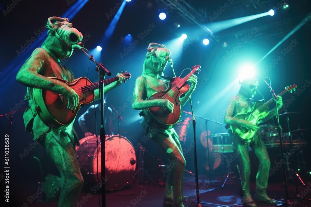 alien band playing their instruments, creating a magical atmosphere at the concert, created with generative ai alien band playing their instruments, creating a magical atmosphere at the concert, created with generative ai
