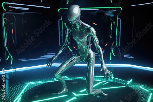 athletic alien, competing in futuristic cyberathletics game with holographic projections, created with generative ai © altitudevisual