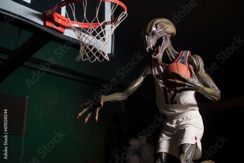 alien basketball player making a slam dunk during championship game, created with generative ai photo