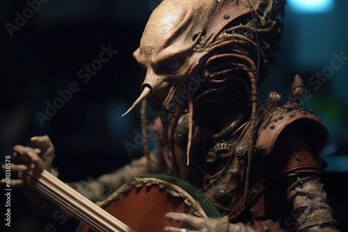a close-up of an alien musician, with their intricate and strange instruments in view, created with generative ai