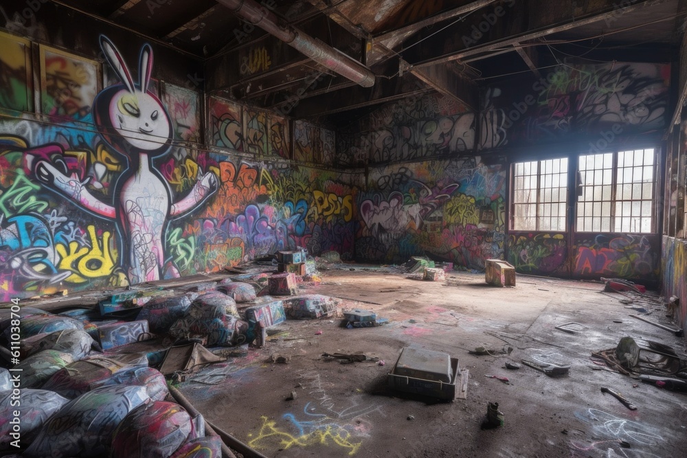 alien graffiti artist spray-painting colorful mural in abandoned warehouse, created with generative ai