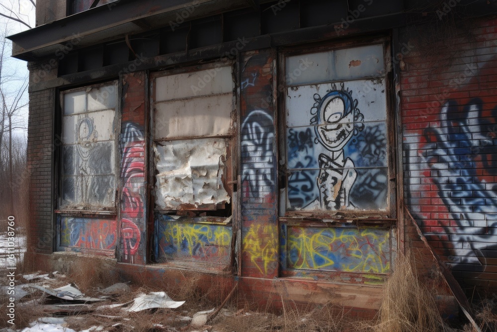 alien graffiti on abandoned building, with broken windows and peeling paint, created with generative ai