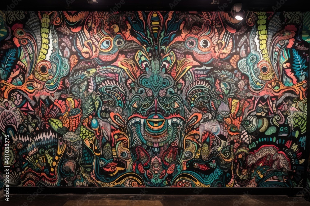 alien graffiti mural, with intricate and abstract shapes and patterns, created with generative ai