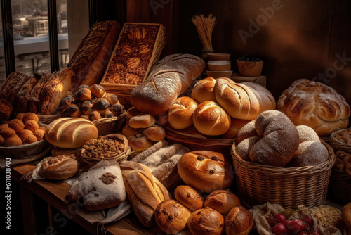 Lots of different fresh bread in the bakery, AI Generated