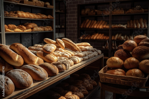 Lots of different fresh bread in the bakery, AI Generated