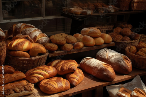 Lots of different fresh bread in the bakery, AI Generated