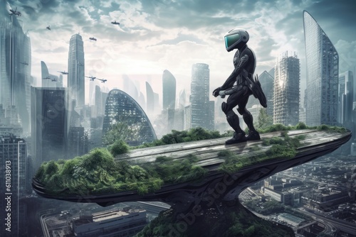 alien, riding hoverboard through futuristic cityscape, created with generative ai