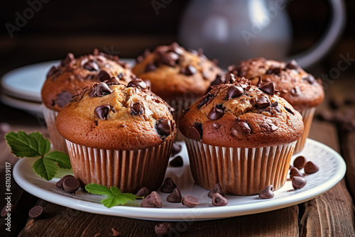 Plate with delicious​ black chocolate muffins on light wooden background​ top view --ar 3:2