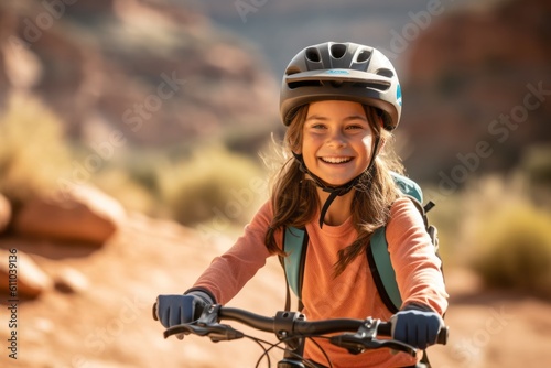 Medium shot portrait photography of a satisfied kid female riding a bike against a scenic canyon background. With generative AI technology
