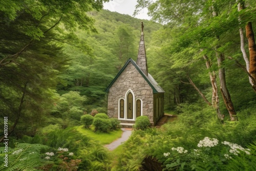 peaceful chapel surrounded by lush greenery in the mountains  created with generative ai