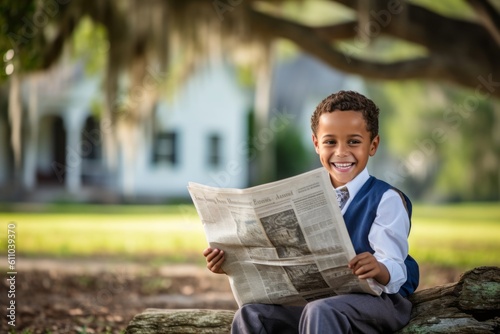 Lifestyle portrait photography of a happy kid male reading the newspaper against a historic plantation background. With generative AI technology