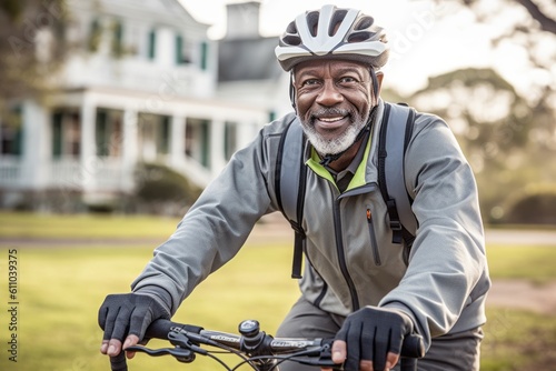 Headshot portrait photography of a glad mature man riding a bike against a historic plantation background. With generative AI technology