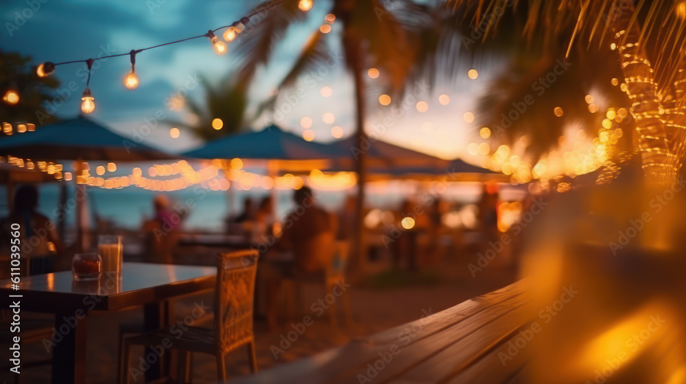 Beachside Bliss: A Lively Evening at the European Outdoor Bar. Generative AI