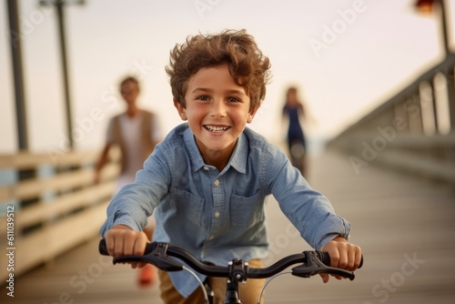 Lifestyle portrait photography of a grinning kid male riding a bike against a picturesque beach boardwalk background. With generative AI technology © Markus Schröder