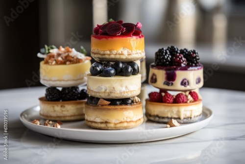 stack of individual cheesecakes, each topped with different fruit, created with generative ai