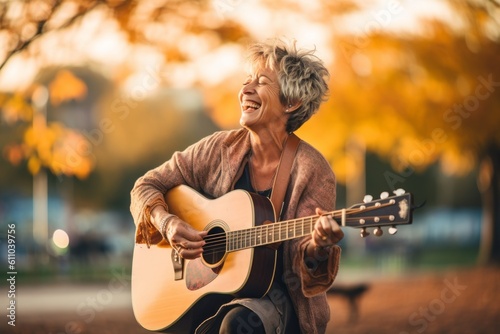 Medium shot portrait photography of a happy mature woman playing the guitar against a vibrant city park background. With generative AI technology