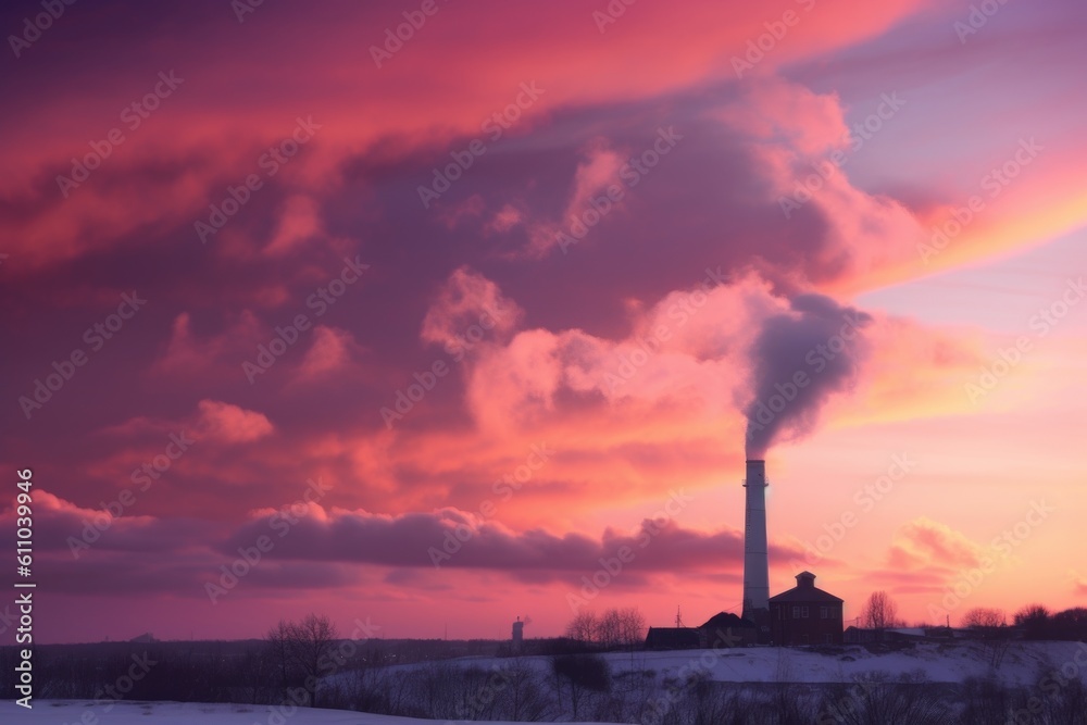 pink and purple sky with chimney towering above, surrounded by rolling clouds, created with generative ai