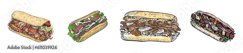 Shawarma doner kebab street food. Doner kebab hand drawn. Fast food menu design element. It is prepared with chicken or beef, salad and vegetables.