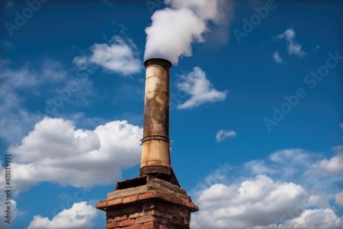 chimney with the smoke rising on blue sky background, created with generative ai
