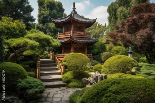 a tranquil garden with a towering pagoda in the background, created with generative ai
