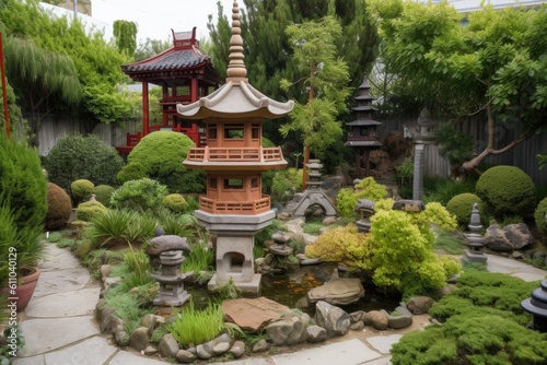 garden with china pagoda  koi pond and bonsai trees  created with generative ai