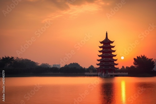 peaceful and serene sunset, with view of china pagoda against the horizon, created with generative ai