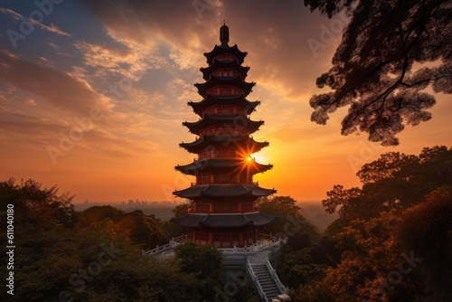 spectacular sunset over grand china pagoda  with the sun setting beyond the horizon  created with generative ai