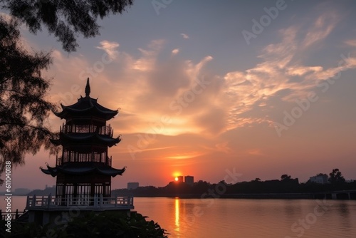 peaceful and serene sunset, with view of china pagoda against the horizon, created with generative ai