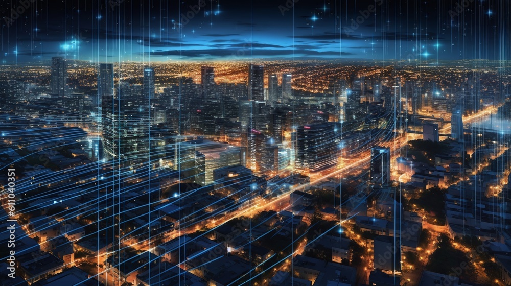 Network nodes flowing through a City. Generative AI