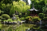peaceful garden with a serene pond and china pagoda in the background, created with generative ai