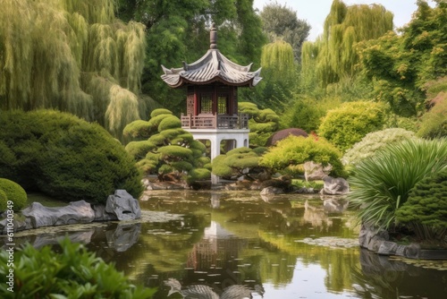 peaceful garden with a serene pond and china pagoda in the background, created with generative ai