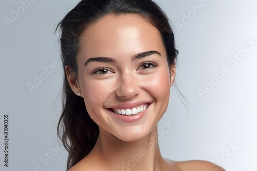 Beautiful young woman with fresh healthy skin isolated on white background. Generative ai.