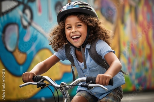 Medium shot portrait photography of a grinning kid female riding a bike against a vibrant street mural background. With generative AI technology