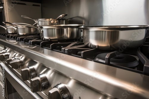 close-up of stainless steel range, with pots and pans in view, created with generative ai