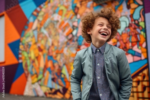 Lifestyle portrait photography of a satisfied kid male laughing against a vibrant street mural background. With generative AI technology