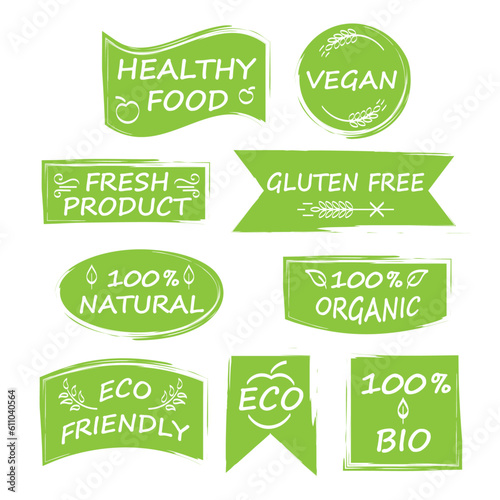 Emblems and icons for food and water packaging. Hand drawn icons and emblems of organic, vegan, bio, eco products. Banner and emblems for menus, websites, shops, marketing companies.