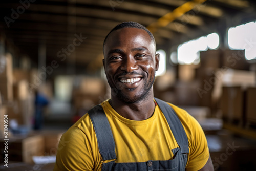 Portrait of African man worker at warehouse. Generative ai